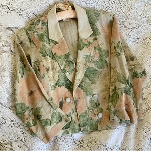Vintage Floral Linen Blazer in Green and Peach
